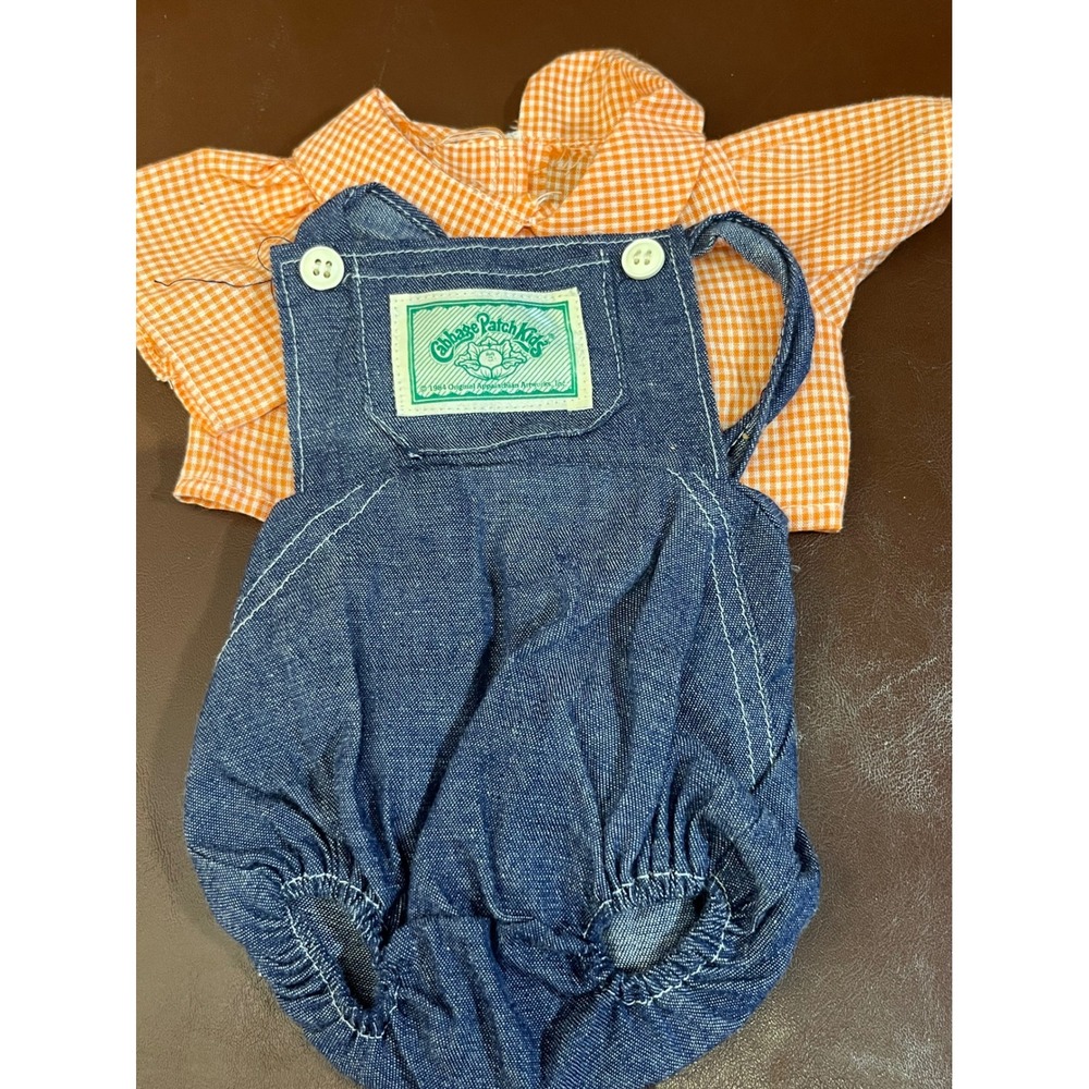 Vintage Cabbage Patch Kids Doll Outfit Denim Overalls Orange Gingham Shirt 0958